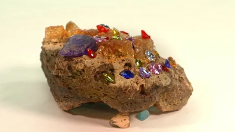 Beautiful Heart-shaped diamonds in various colors set on a raw opal gemstone  Stock Footage 253022857