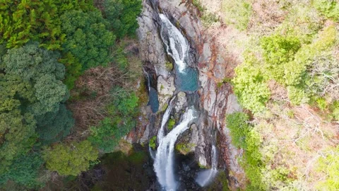Beautiful Hidden Waterfall Basin in Lush Green Japanese Forest Drone Shot Stock Footage 336588928