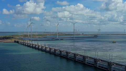Beautiful high altitude aerial panoramic perspective of Oosterscheldekering Stock Footage 340366053