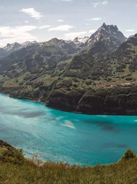 Beautiful high angle view over lake Walen in Sankt Gallen Switzerland Stock Photos