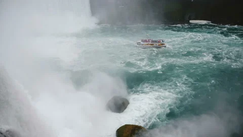 Beautiful high angle view of waterfall spray rushing down on tourist excursion Stock Footage 106785250