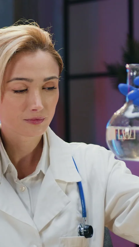 Beautiful high-skilled resolute satisfied female scientist biologist in white co Stock Footage 331601254