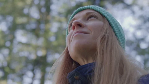 Beautiful Hiker Looking up a the Forest on a Sunny Day Stock Footage 208802486