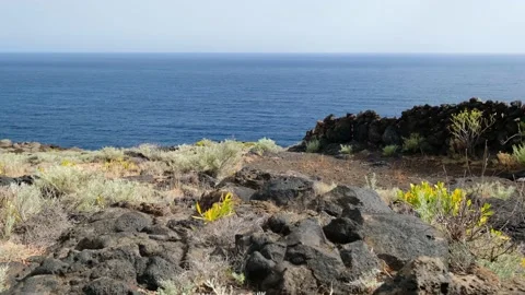 Beautiful hiking path leading trough volcanic landscape towards the ocean Stock Footage 175303857