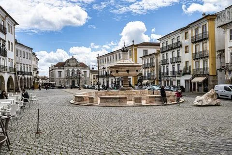 Beautiful historic square Praca do Giraldo or Giraldo Square in Evora, Portug Stock Photos