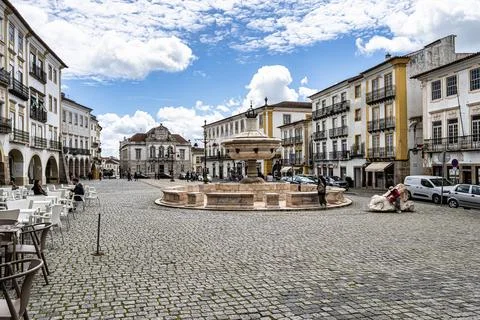 Beautiful historic square Praca do Giraldo or Giraldo Square in Evora, Portug Stock Photos