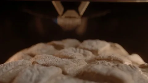 Beautiful homemade rustic bread with a pattern is placed in the oven Stock Footage 168816711