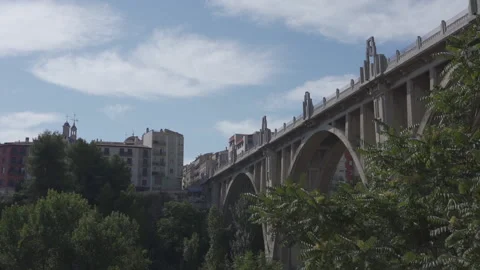 Beautiful horizontal pan of Bridge of Saint George. Alcoy, Spain. Stock Footage 138892833