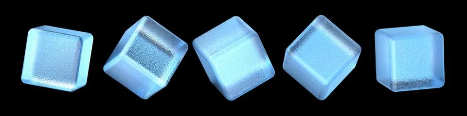 Beautiful horizontal row featuring five isolated frosty blue ice cubes, displ Stock Illustration