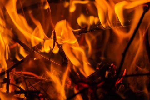 A beautiful horizontal texture of a burning fire on a black background with Foto stock