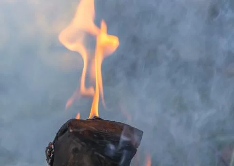 A beautiful horizontal texture of a burning fire and brown wood on a blurred Stock Photos
