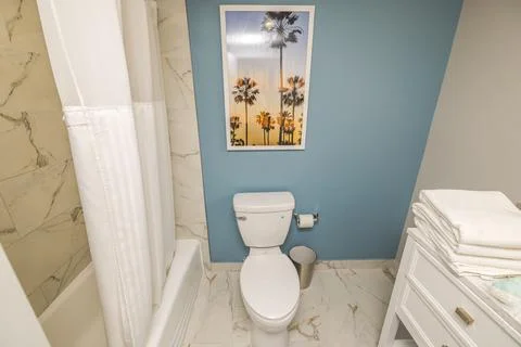Beautiful hotel bathroom interior featuring shower, toilet, Stock Photos