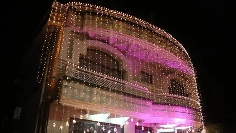 Beautiful House Decorative String Lights at Night in Pakistan Stock Footage 345274086