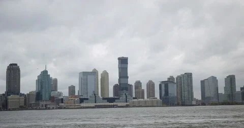 The Beautiful Hudson River And Impressive New York Skyscrapers Cloudy Day Stock Footage 112348984