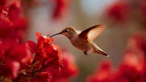 Beautiful hummingbird hovering and drinking nectar from flowers Video stock 339131560