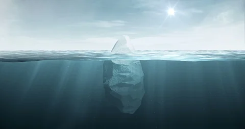 Beautiful iceberg floating underwater in ocean with sun and clouds in the sky Stock Footage