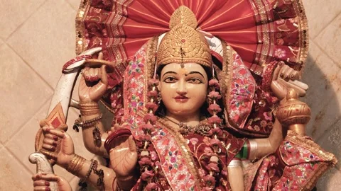 Beautiful Idol of Maa Durga with Red Attire and Ornaments Stock Footage 316895233