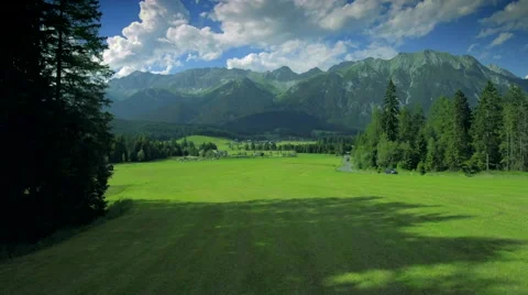 Beautiful idyllic nature green grassland pasture scenery meadow forest blue sky Stock Footage