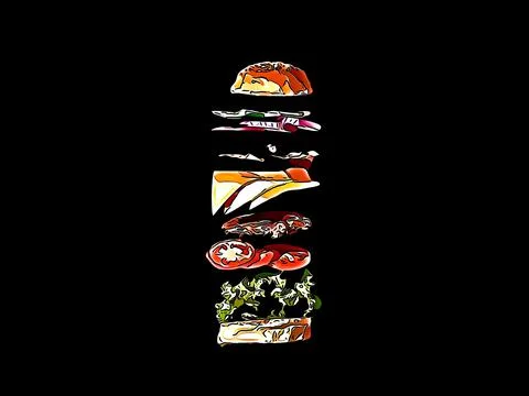 Beautiful illustration of split burger isolated on plain black background Stockillustratie