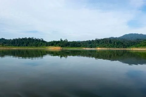 Beautiful image of rain-forest with reflection in water at Royal Belum State Stock Photos