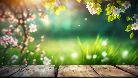 A beautiful image of springtime, showcasing blossoms placed on a wooden tab.. Stock Illustration