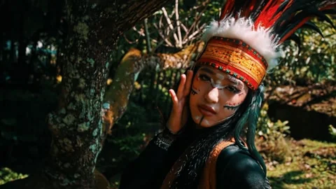 Beautiful Indigenous Woman Posing by Tree in Feathered Headdress Stock Footage 263237888