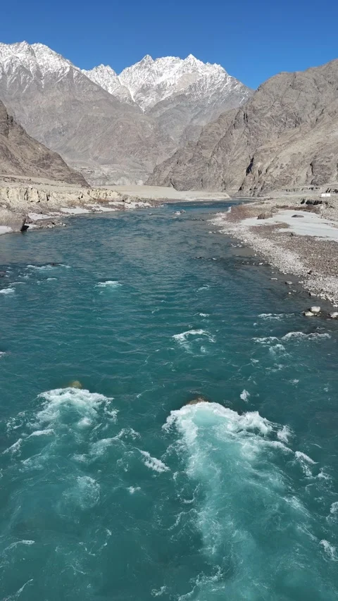 Beautiful Indus River Winding Through the Mountains, Pakistan Stock Footage 345783500