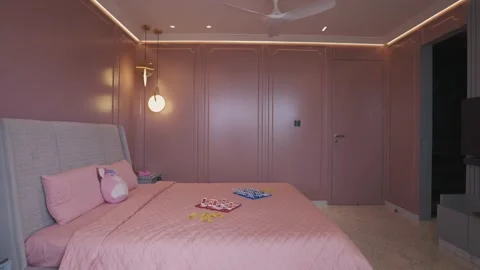 Beautiful Interior Bedroom Design Of Light Pink Color Shades With Lights Stock Footage 233183269