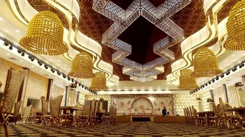 Beautiful interior ceiling design with design inside a marriage hall Stock Footage 139201762