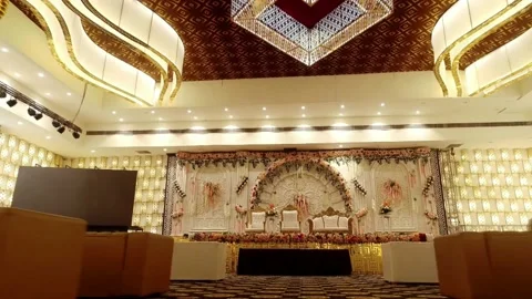 Beautiful interior ceiling design with lighting inside a marriage hall Stock Footage 139202459