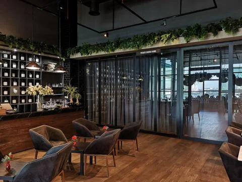 Beautiful interior design of an empty restaurant and cafe Stock Photos