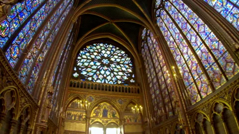 Beautiful interior of the Sainte-Chapelle chapel with stained glass in Paris, Stock Footage 241107622
