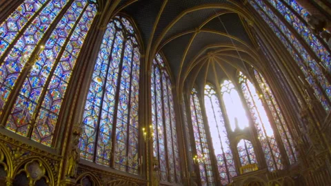 Beautiful interior of the Sainte-Chapelle chapel with stained glass in Paris, Stock Footage 241107628