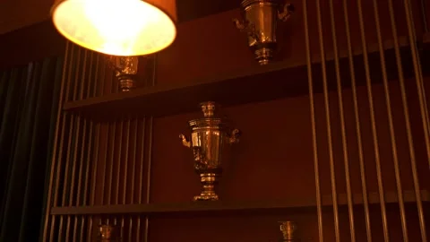 Beautiful interior with samovars in a Russian restaurant Stock Footage 164559206