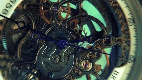 Beautiful internal structure of a skeleton wristwatch where shiny gears, wheels  Stock Footage 330889677