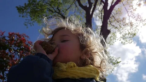 Beautiful kid eats bread Stock Footage 80020741