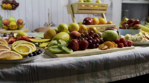Beautiful kitchen counter display of delicious fruit - tracking shot Stock Footage 341026531