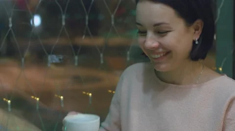 Beautiful lady drinking coffee, brunette enjoy cup of hot chocolate, woman Video stock 59086771