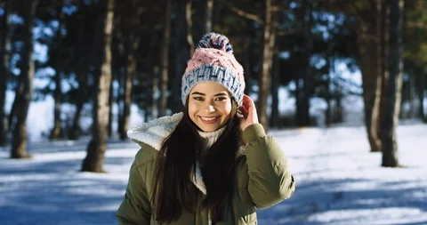 Beautiful lady with a pretty hat in the middle of forest portrait smiling large Video stock 112616017