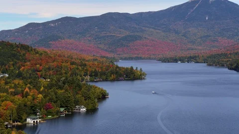 Beautiful Lake and Mountains, Canoe, Lake Placid, Aerial Drone Stock Footage