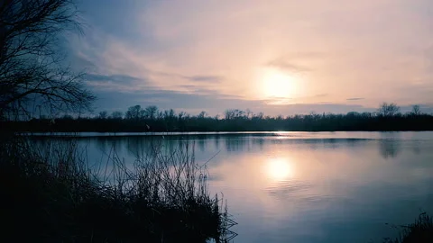 Beautiful lake in light of setting sun. Sunset on river. Stock Footage 87265679