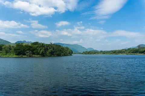Beautiful lakeside view from a small lake in Kanchanaburi Thailand Stock Photos