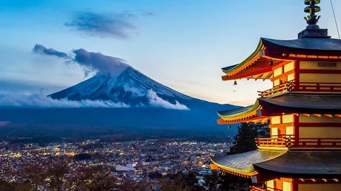 Beautiful landmark of Fuji mountain and Chureito Pagoda at sunset, Japan. Stock Footage