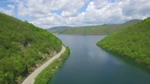 Beautiful landscape, blue river Moraca and green mountains 스톡 동영상 73232109