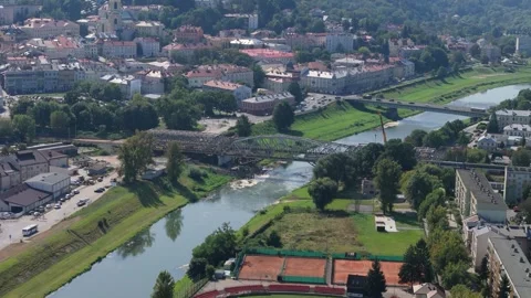 Beautiful Landscape Bridge Moving Train Przemysl Aerial View Poland Stock Footage 268431774