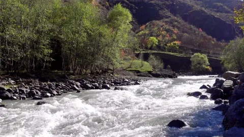 Beautiful landscape with a fast mountain river flowing between rocky stones. Stock Footage 164269353