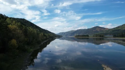 Beautiful landscape flight over the river bank with rocks Stockbeeldmateriaal 219612313