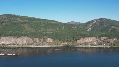 Beautiful landscape flight over the river bank with rocks Stockbeeldmateriaal 219614142
