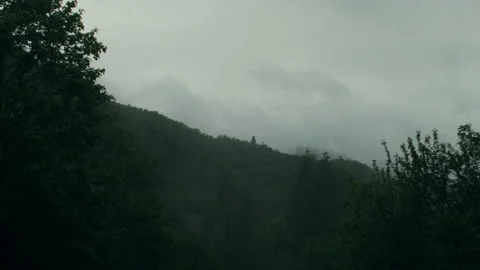 Beautiful landscape with green forest, clouds and fog during rain in mountains Stock Footage 331355882