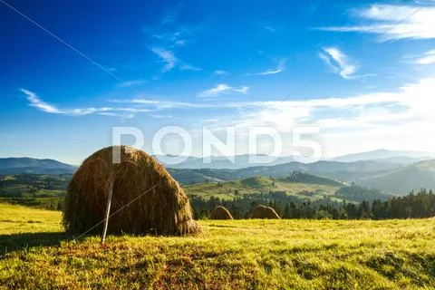 Beautiful landscape of haystacks in field Stock Photos